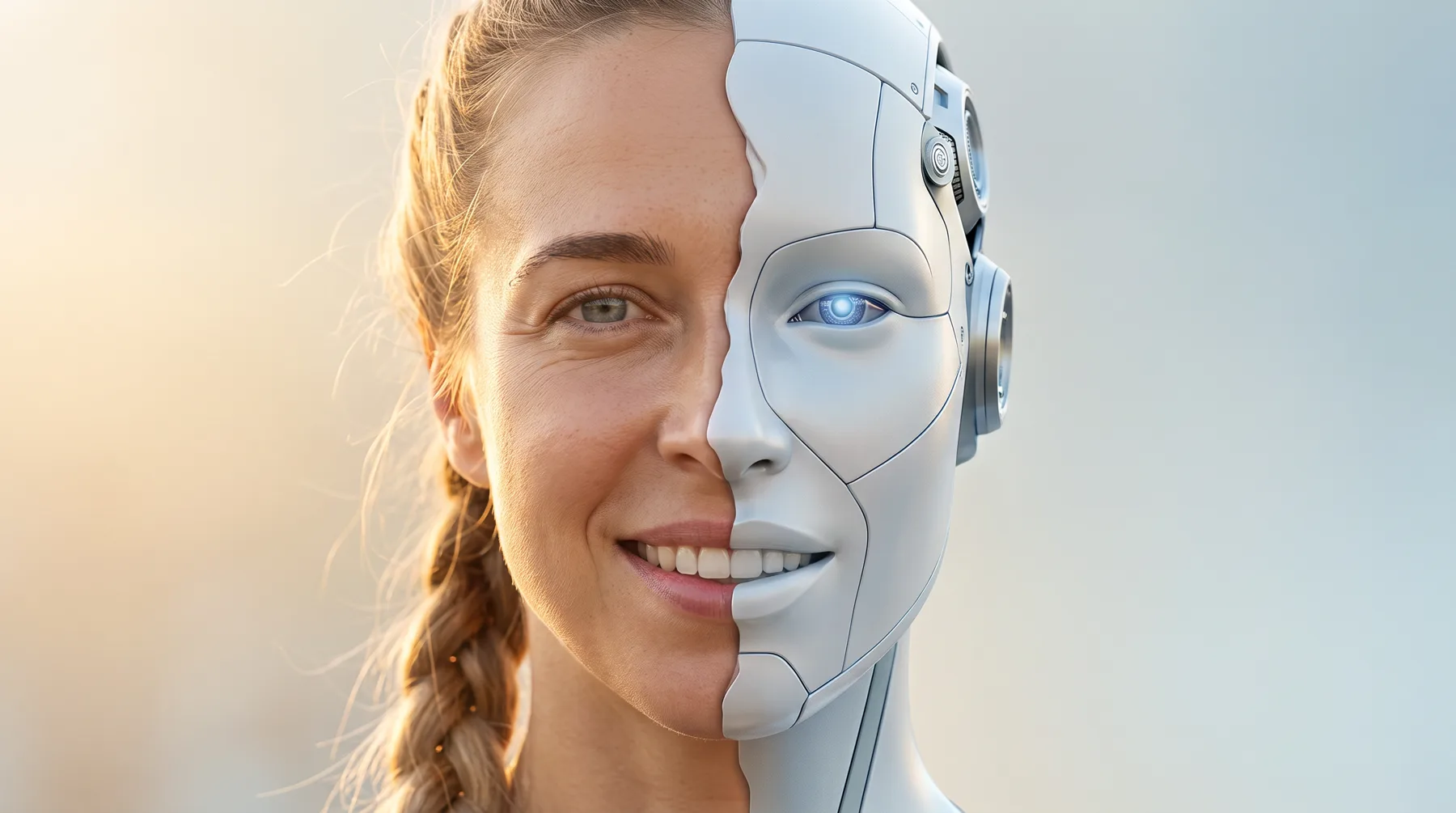 Porträt von Suzanne Freiherz: Die linke Gesichtshälfte ist menschlich und lächelt, die rechte ist als weißer Roboter gestaltet